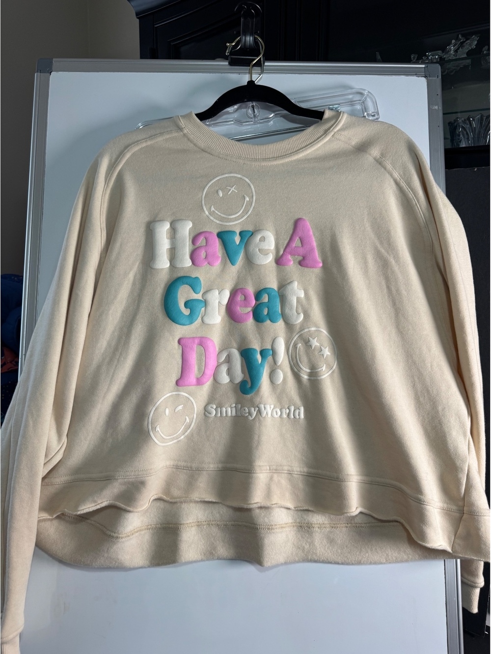 SmileyWorld Cream 'Have A Great Day!' Embroidered Sweatshirt